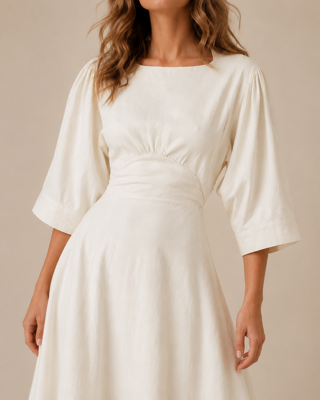Ivory Grace Gathered Waist Midi Dress