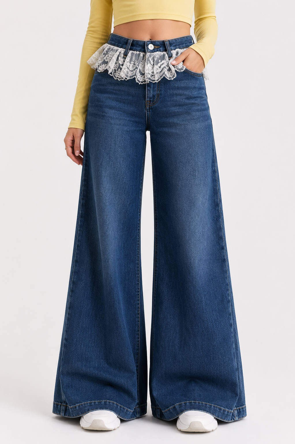 Azure Lace Ruffle Wide-Leg Jeans