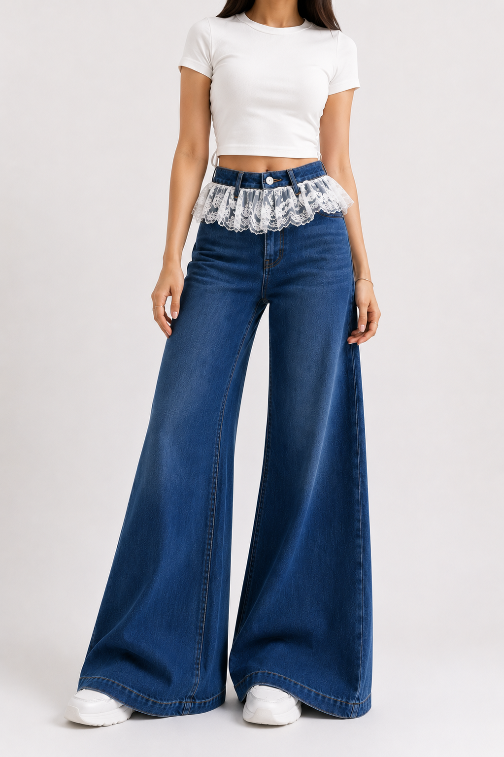 Azure Lace Ruffle Wide-Leg Jeans