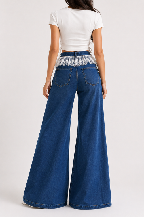 Azure Lace Ruffle Wide-Leg Jeans