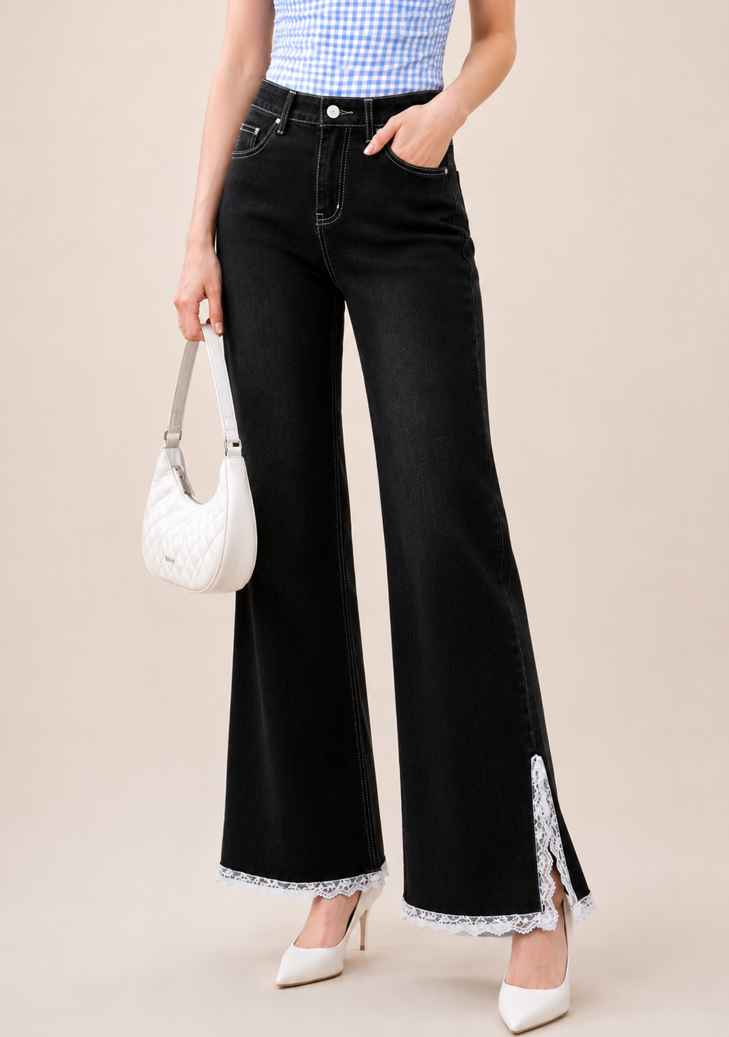 Noir Lace Hem Flare Jeans
