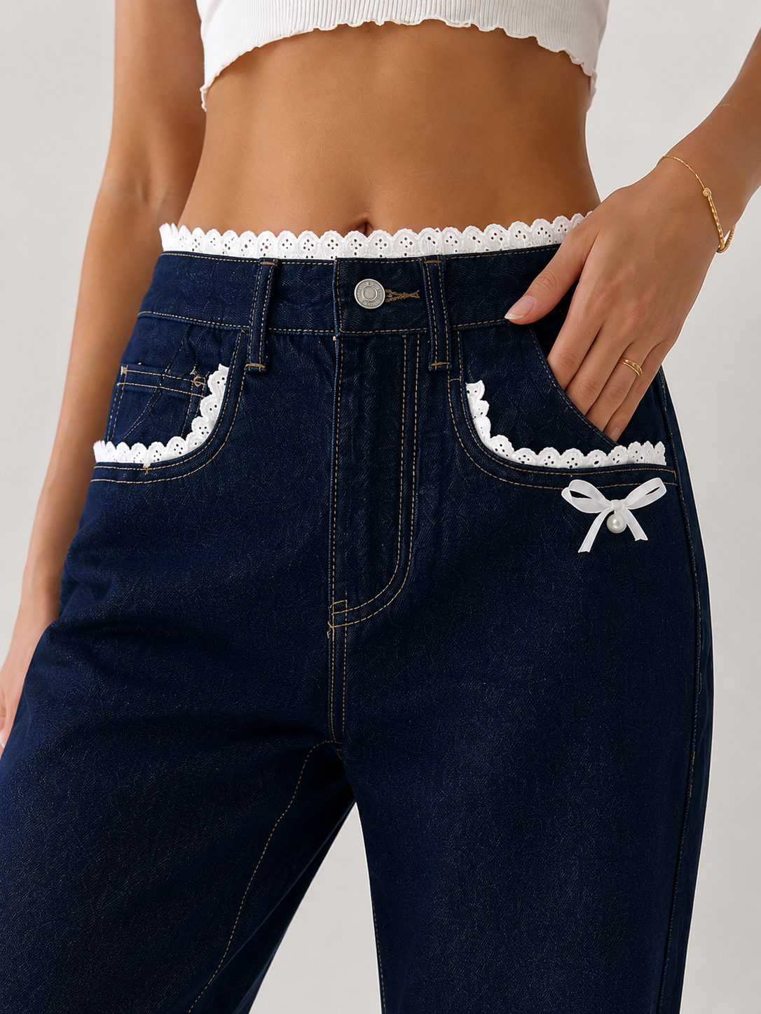 Lace Trim Wide Leg Jeans